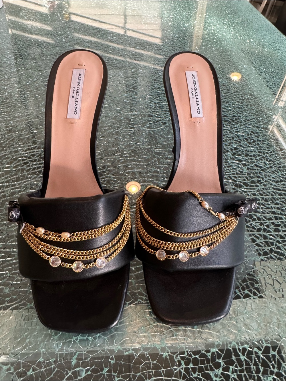 John Galliano Black Slide Mules with Gold Chain and Crystal Accents 39.5